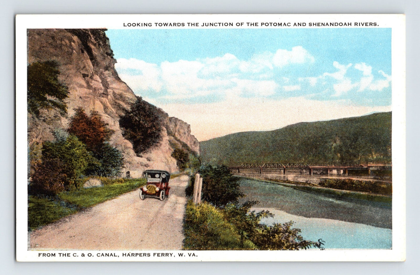 Harpers Ferry West Virginia C and O Canal Potomac Shenandoah rivers 1930s postcard scenic roadway car