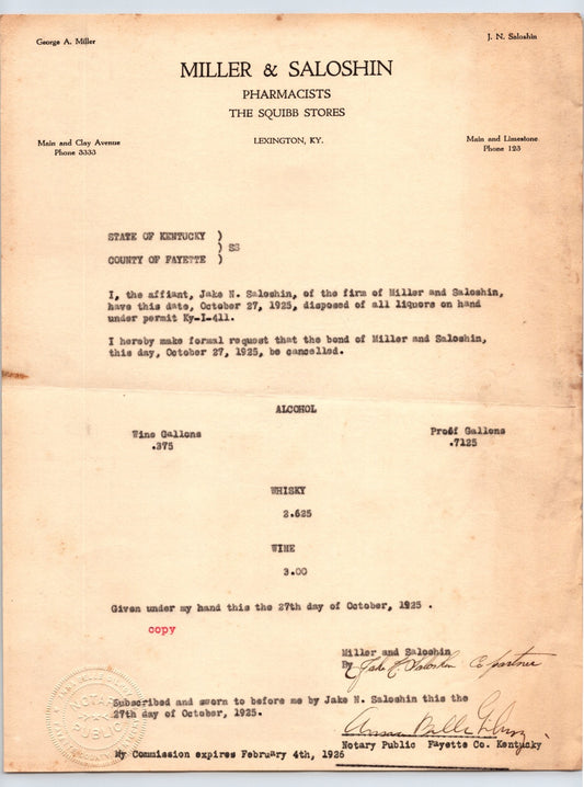 Lexington KY Prohibition 1925 Miller Saloshin Pharmacists Letterhead 8.5" x 11"