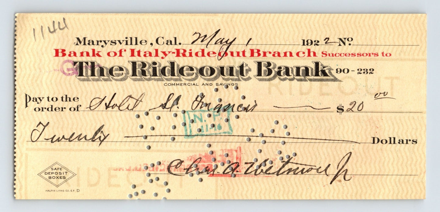1922 Marysville California Rideout Bank money order check showing Bank of Italy Rideout Branch imprint with handwritten payee and perforation markings