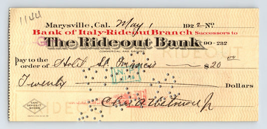 1922 Marysville California Rideout Bank money order check showing Bank of Italy Rideout Branch imprint with handwritten payee and perforation markings