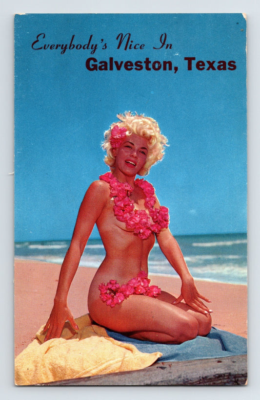Vintage-style promotional poster for Galveston, Texas featuring a woman in a bikini with pink flowers on a beach.