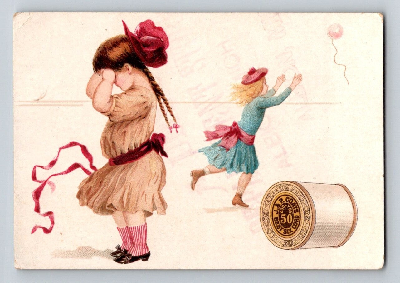J.P. Coats Sewing Thread 1890s Victorian Trade Card Lost Balloon Girl - 2.5 x 4
