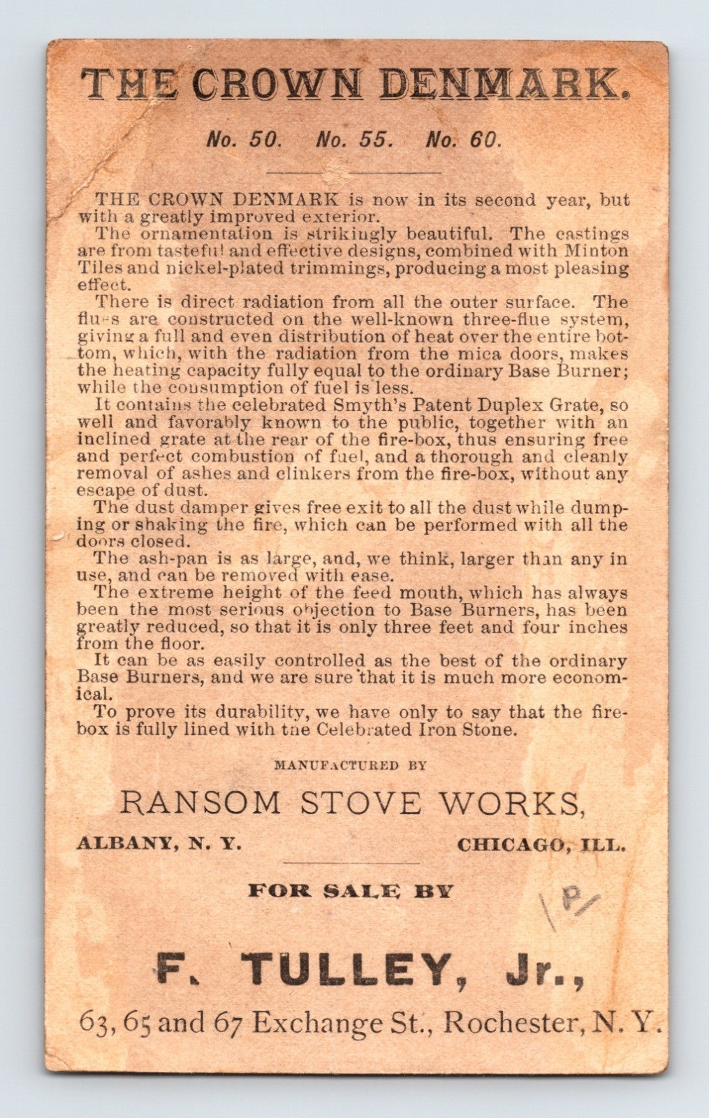 Rochester New York Crown Denmark Stove 1890s Victorian Trade Card 3 x 5