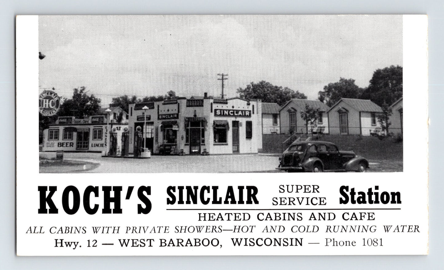 Baraboo Wisconsin Kochs Sinclair gas station cabins motel 1940s roadside postcard