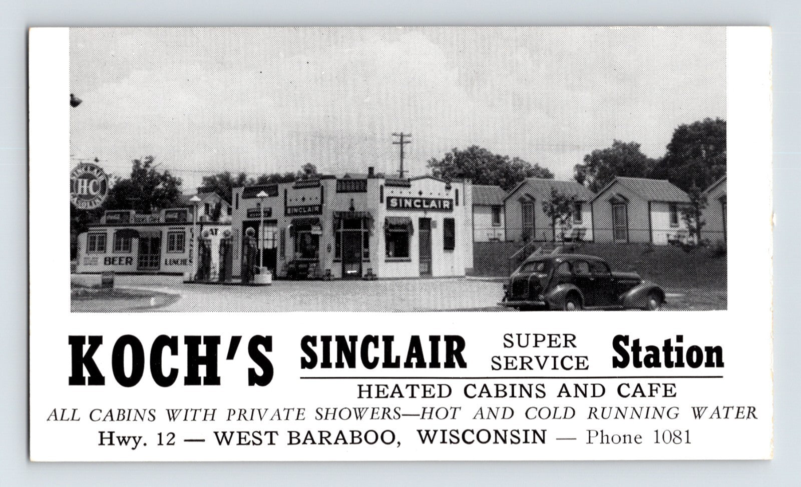Baraboo Wisconsin Kochs Sinclair gas station cabins motel 1940s roadside postcard