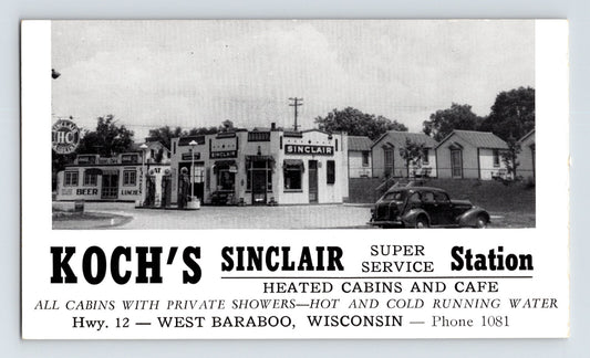 Baraboo Wisconsin Kochs Sinclair gas station cabins motel 1940s roadside postcard