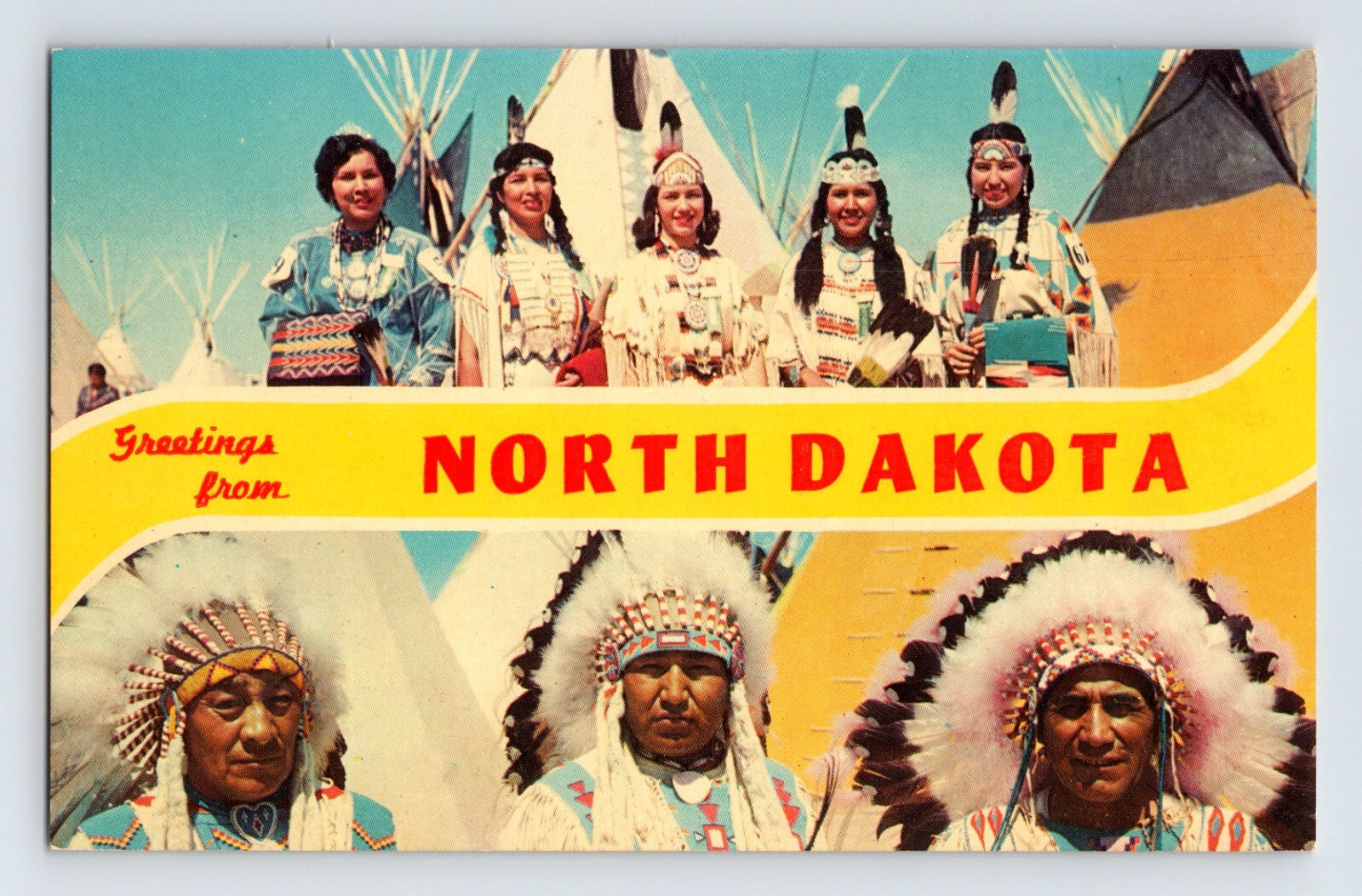 North Dakota Native American chiefs feather headdresses banner style image 1960s chrome postcard
