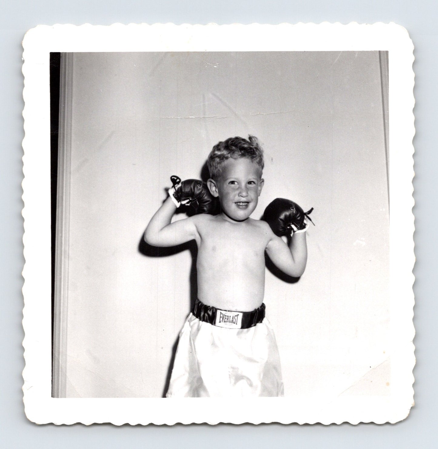 Vintage Halloween child boxer costume Everlast gloves shorts 1950s snapshot boy posing