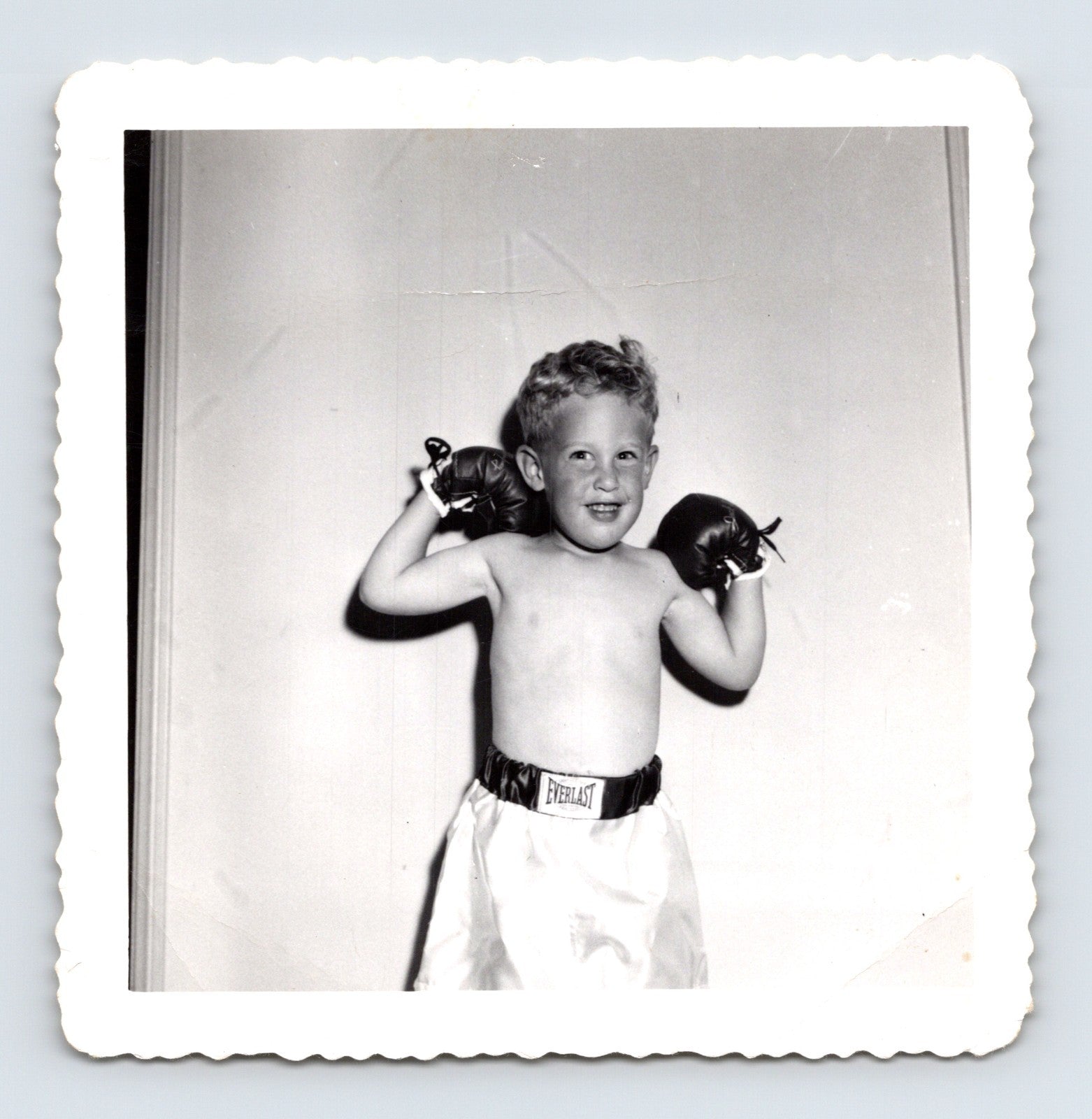 Vintage Halloween child boxer costume Everlast gloves shorts 1950s snapshot boy posing