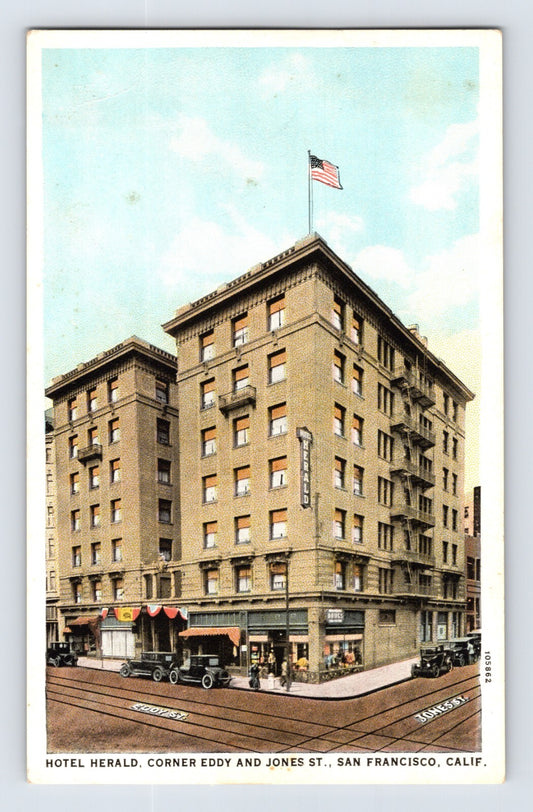 San Francisco California Hotel Herald Eddy and Jones street corner postcard 1930s