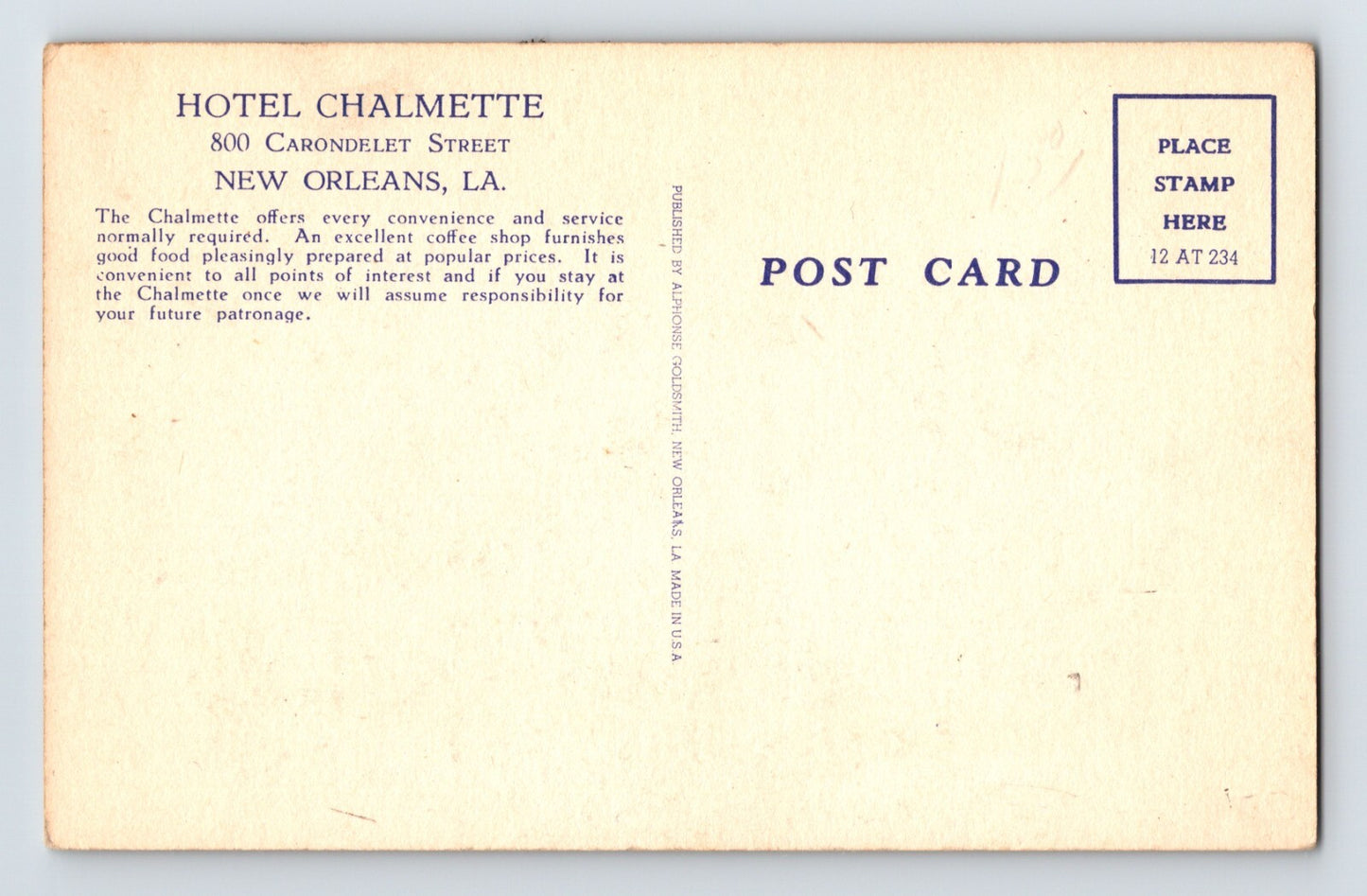 New Orleans Louisiana Hotel Chalmette 1940s Postcard Linen