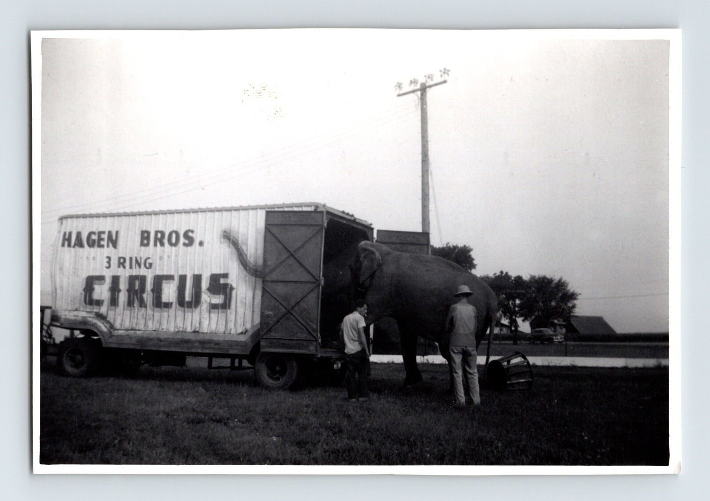 1957 Hagen Bros Circus elephant loading trailer handlers roadside vintage photograph archival image