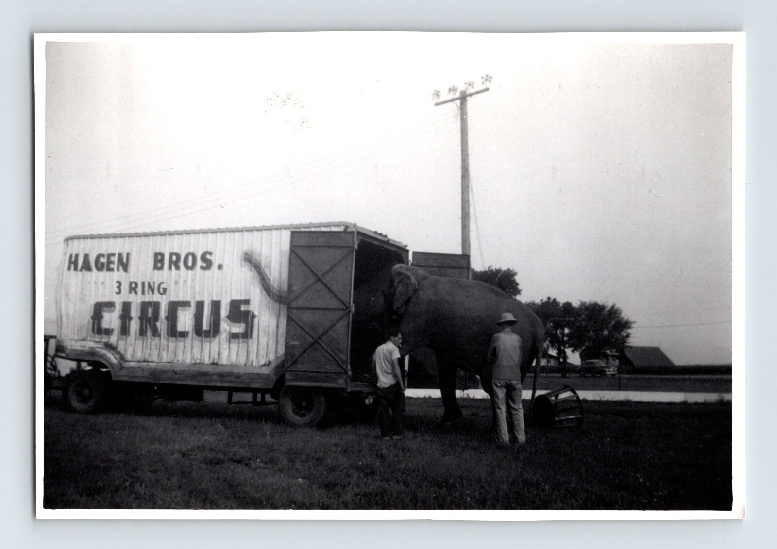1957 Hagen Bros Circus elephant loading trailer handlers roadside vintage photograph archival image