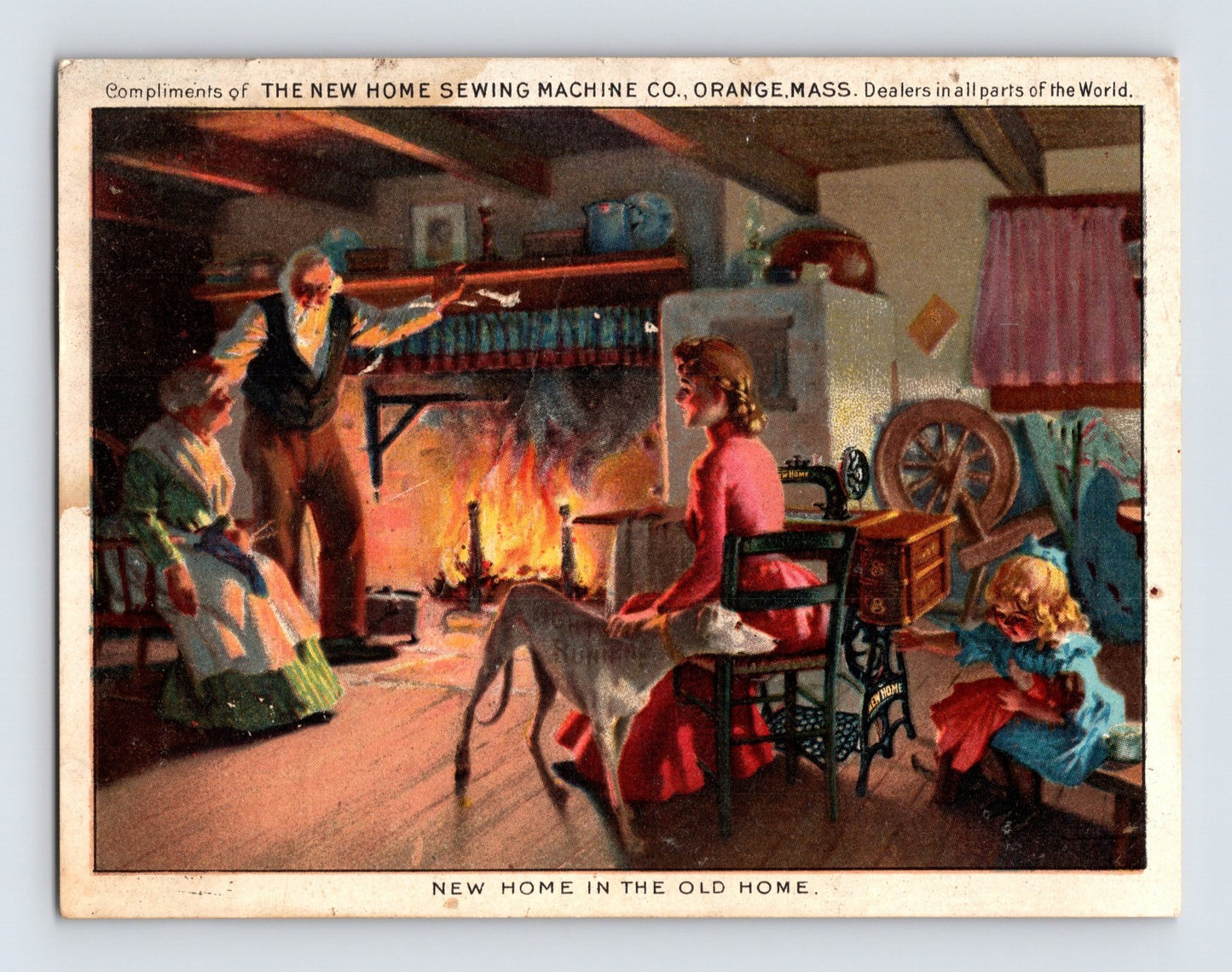 New Home Sewing Machine Victorian family fireplace interior trade card Orange Massachusetts Hanson Kane Pennsylvania