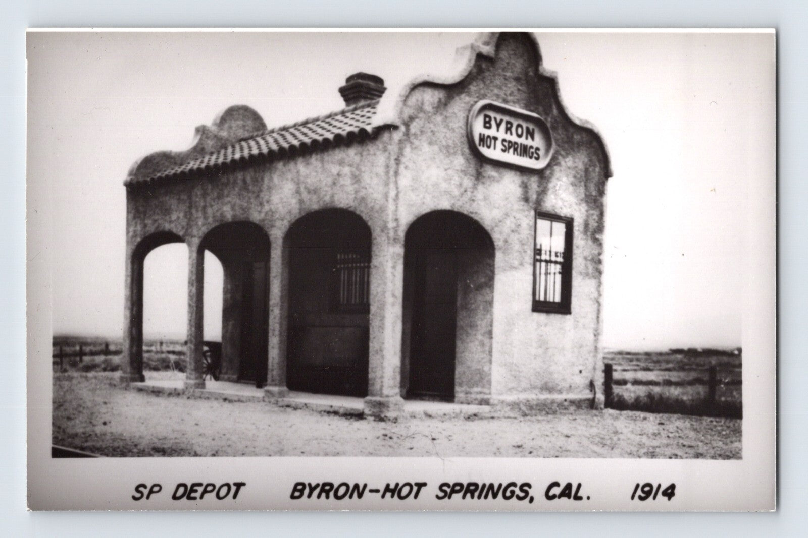 SP Depot Byron Hot Springs California railroad station adobe style building real photo postcard