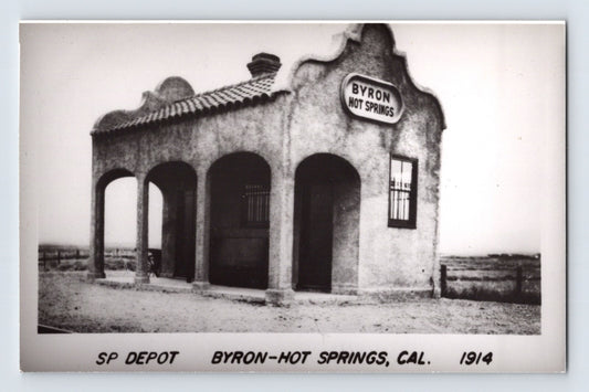 SP Depot Byron Hot Springs California railroad station adobe style building real photo postcard