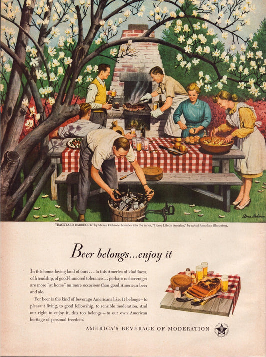 Beer Belongs 1947 picnic barbecue backyard family gathering vintage print ad