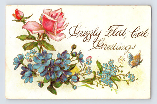 Grizzly Flat California Greetings postcard with pink rose blue flowers and butterfly 1910s divided back