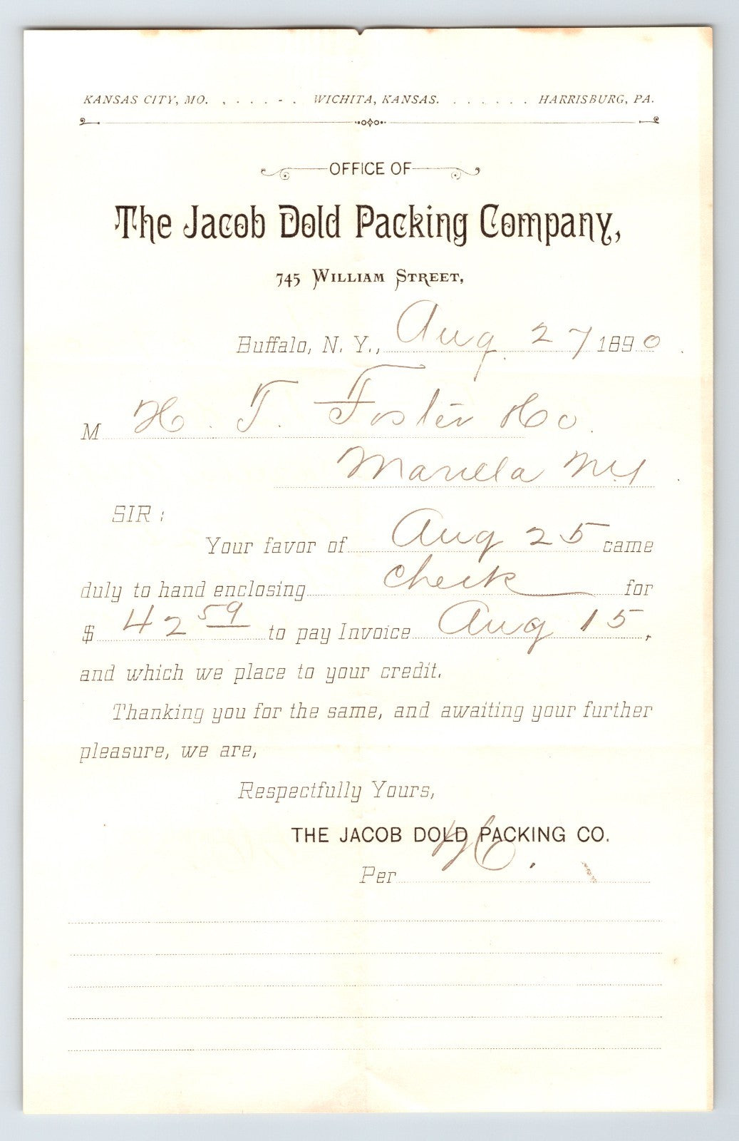 Buffalo New York 1890 Jacob Dold Packing Billhead 8 x 5