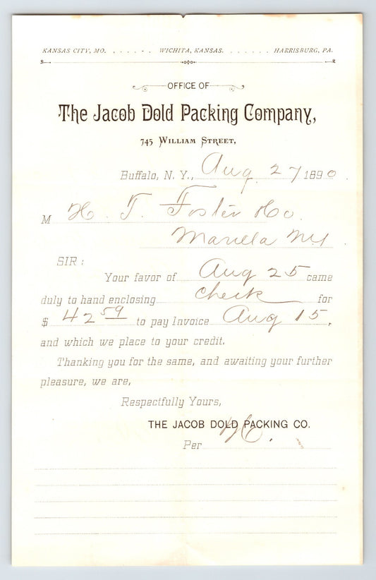 Buffalo New York 1890 Jacob Dold Packing Billhead 8 x 5