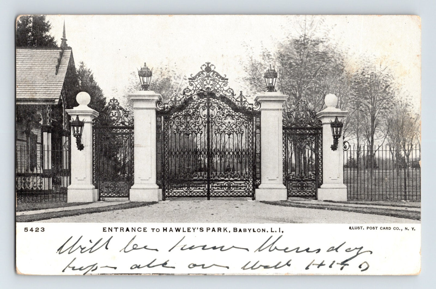 Babylon New York Hawleys Park ornate iron entrance gate 1907 postcard