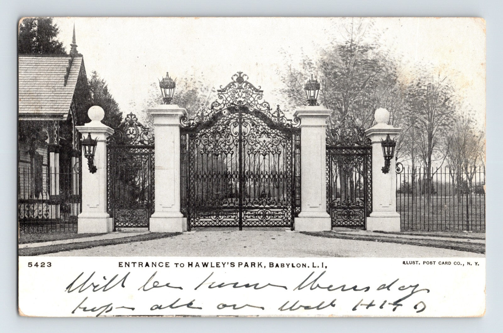 Babylon New York Hawleys Park ornate iron entrance gate 1907 postcard
