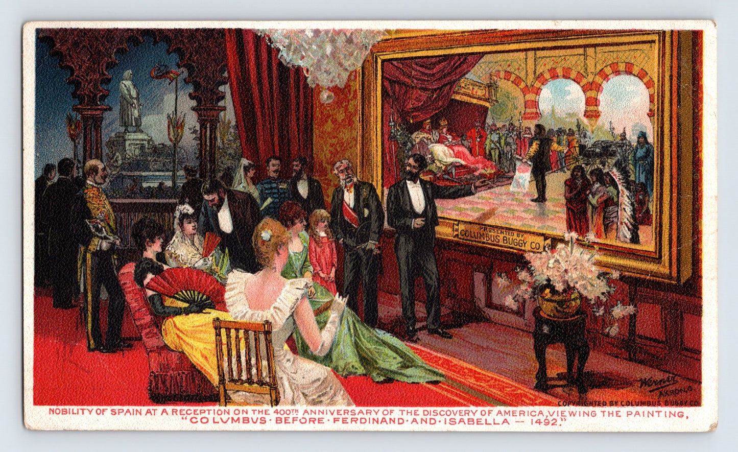 Victorian trade card for Columbus Buggy Company featuring an elaborate 1492 Columbus anniversary reception scene and ornate typography promoting horse-drawn vehicles in Greensburg, Pennsylvania.