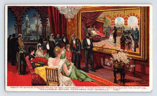 Victorian trade card for Columbus Buggy Company featuring an elaborate 1492 Columbus anniversary reception scene and ornate typography promoting horse-drawn vehicles in Greensburg, Pennsylvania.