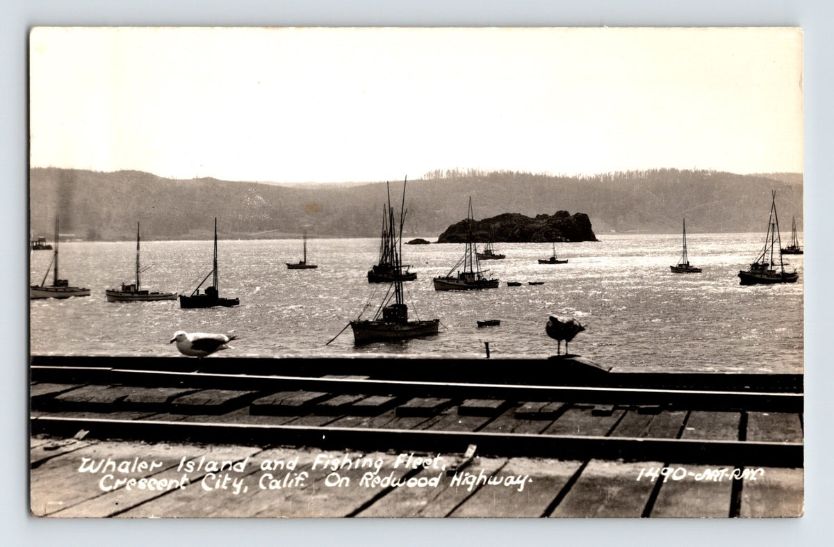 Crescent City California Whaler Island fishing boats harbor Redwood Highway 1940s RPPC postcard