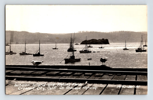 Crescent City California Whaler Island fishing boats harbor Redwood Highway 1940s RPPC postcard