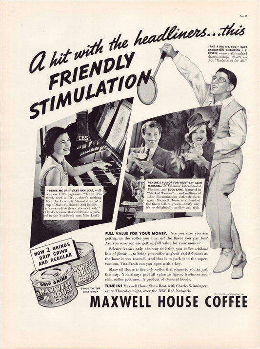 Maxwell House Coffee 1937 Full Page Print Ad 10.5 x 13.5