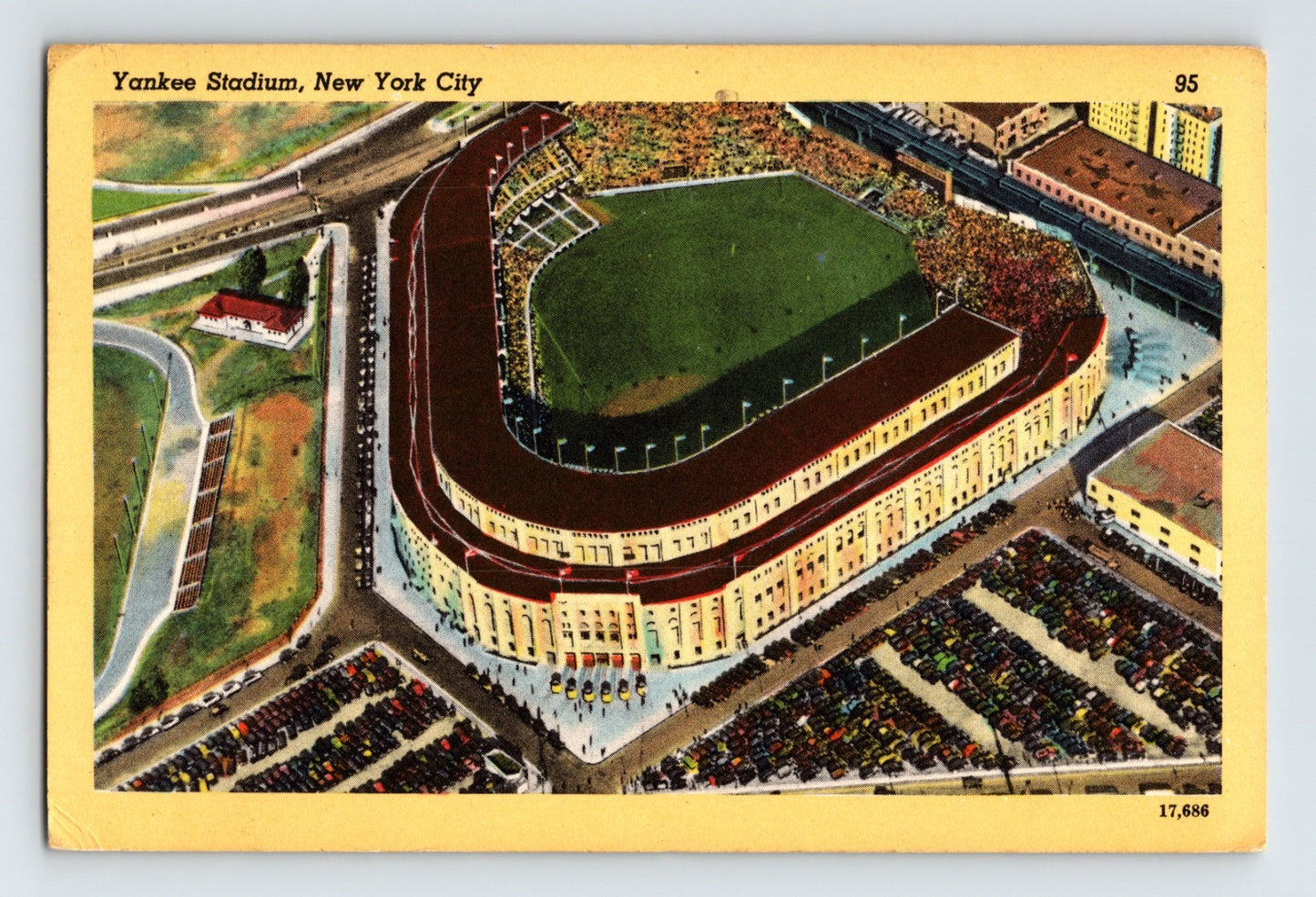 New York City Yankee Stadium aerial view 1949 linen postcard with parking lots and grandstands