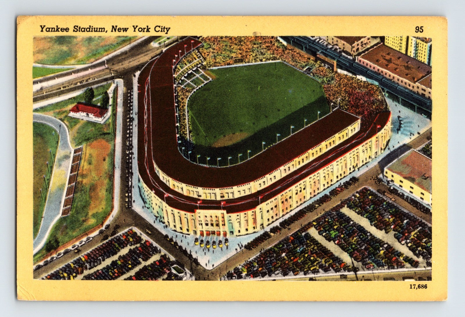 New York City Yankee Stadium aerial view 1949 linen postcard with parking lots and grandstands