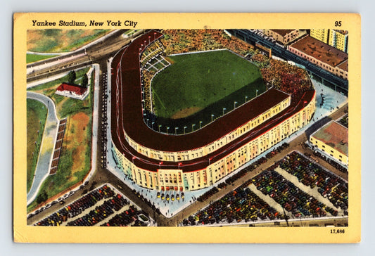New York City Yankee Stadium aerial view 1949 linen postcard with parking lots and grandstands