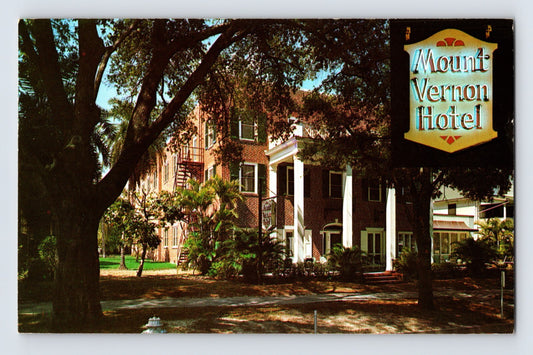 St Petersburg Florida Mount Vernon Hotel building with trees and roadside sign 1975 postcard