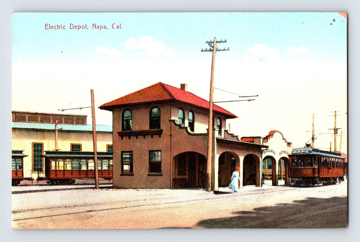 Napa California Electric Depot trolley station 1910s postcard streetcar rail platform building arches