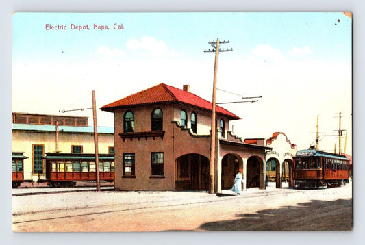 Napa California Electric Depot trolley station 1910s postcard streetcar rail platform building arches