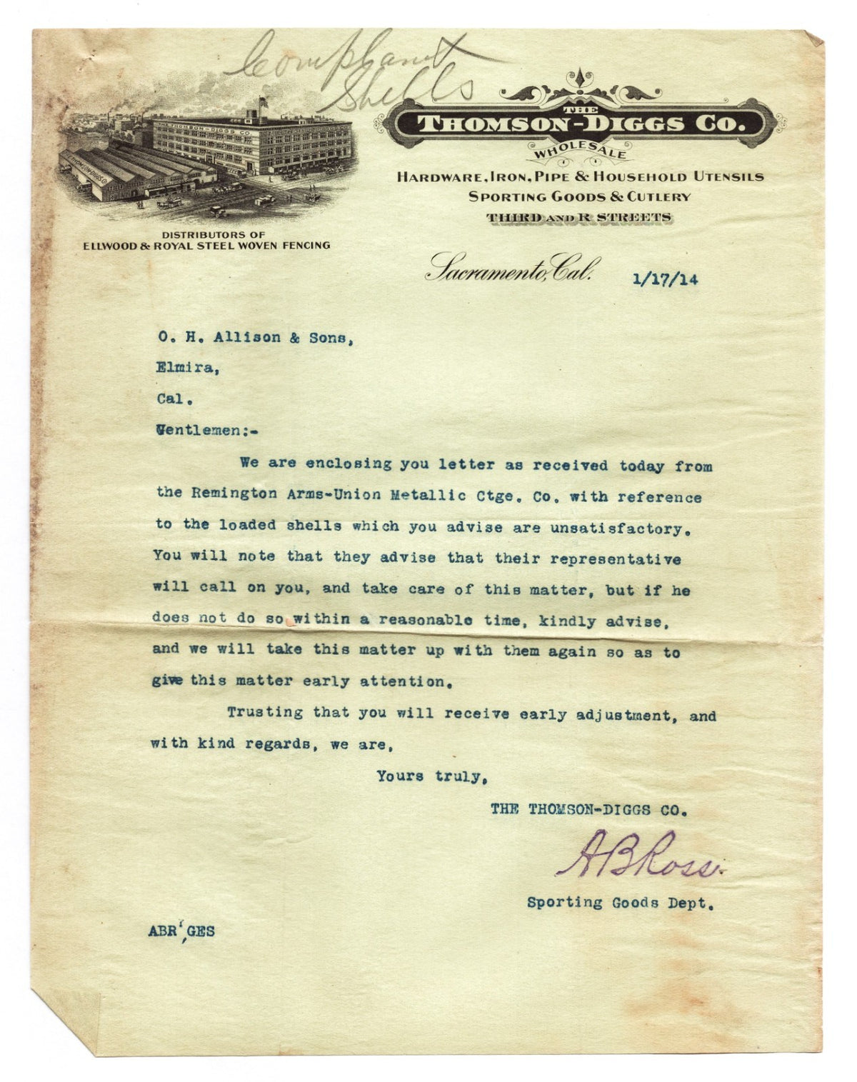 Sacramento California 1914 Thomson Diggs Hardware Sporting Letterhead 8.5 x 11