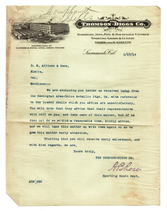 Sacramento California 1914 Thomson Diggs Hardware Sporting Letterhead 8.5 x 11