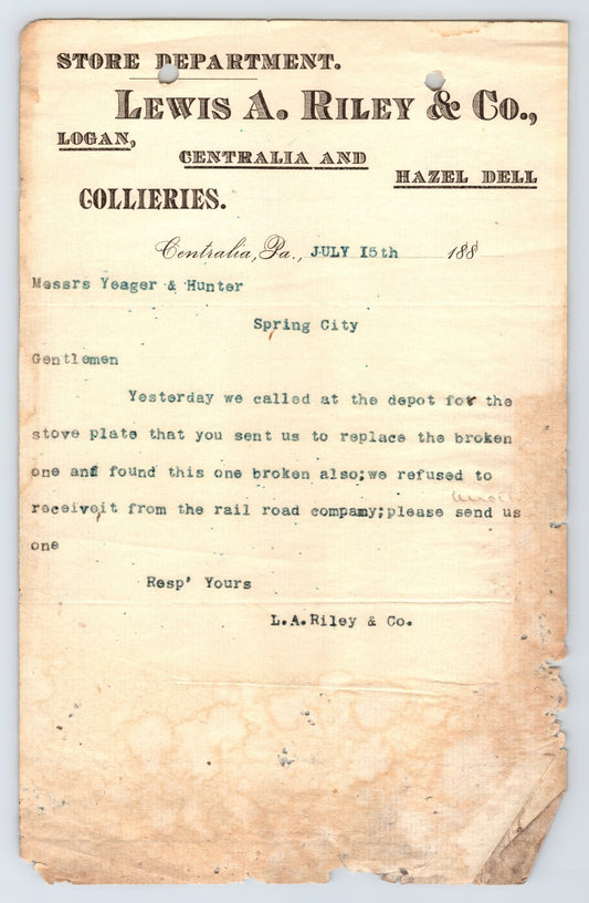 Centralia Pennsylvania Lewis A Riley coal colliery letterhead 1880s store department document with typed message and edge wear