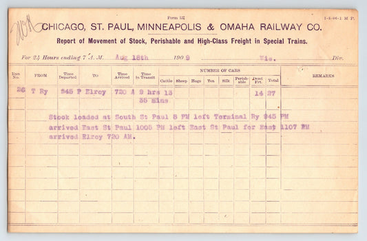 Chicago 1909 Chicago St Paul Minneapolis Omaha Railway Billhead 8 x 5.5