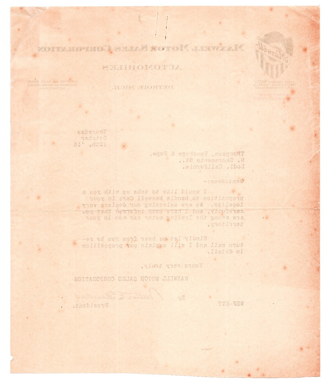 Detroit Michigan Maxwell Automobile Motor Sales 1916 Letterhead 10 x 8.5