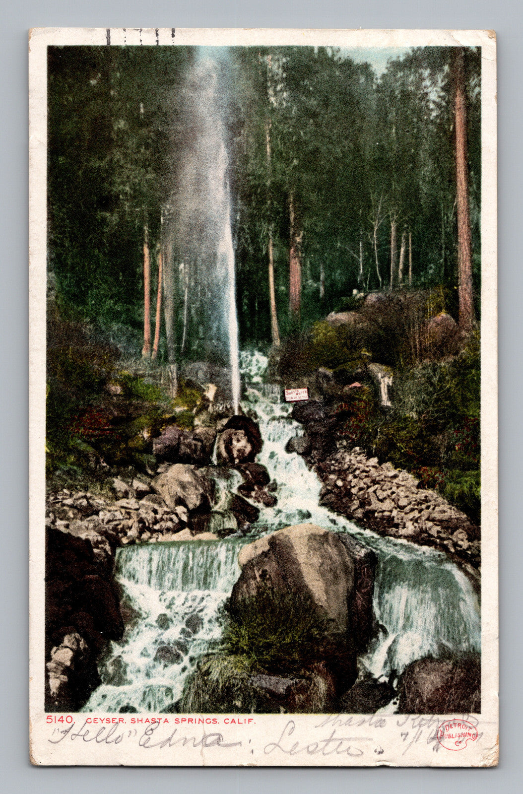 Mount Shasta California geyser waterfall forest stream rocks 1907 postcard