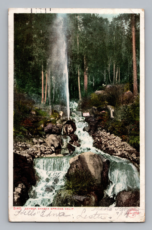 Mount Shasta California geyser waterfall forest stream rocks 1907 postcard