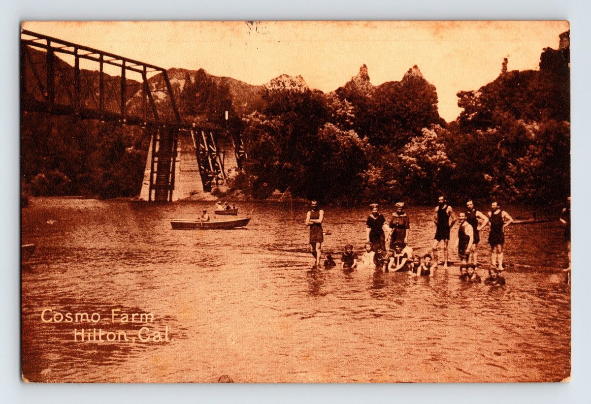 Sepia postcard of swimmers at Cosmo Farm river scene with steel bridge Hilton California 1910s