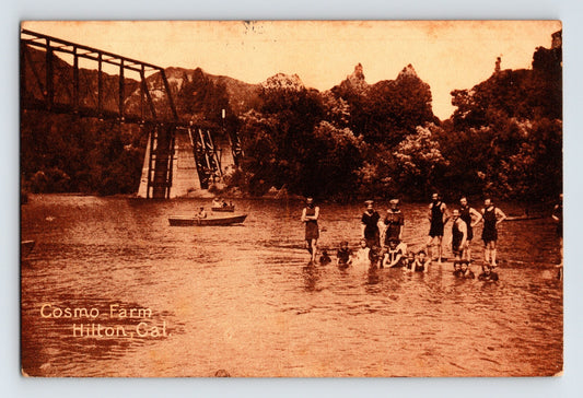 Sepia postcard of swimmers at Cosmo Farm river scene with steel bridge Hilton California 1910s