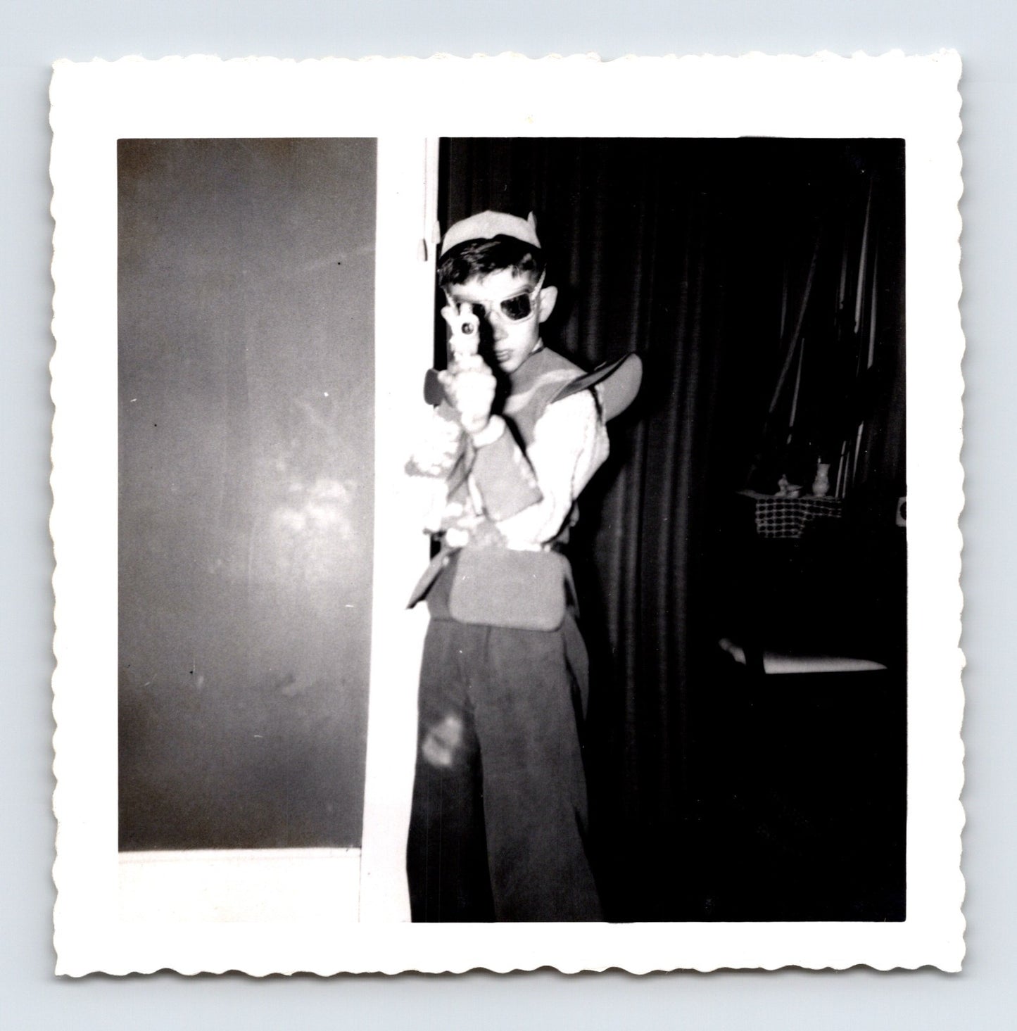 1963 boy costume toy gun cowboy space ranger indoor snapshot square photo Evanston Illinois