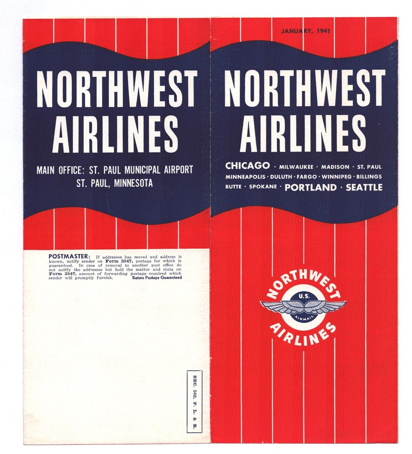 Northwest Airlines January 1941 system timetable brochure cover Chicago to Seattle routes red and blue striped design