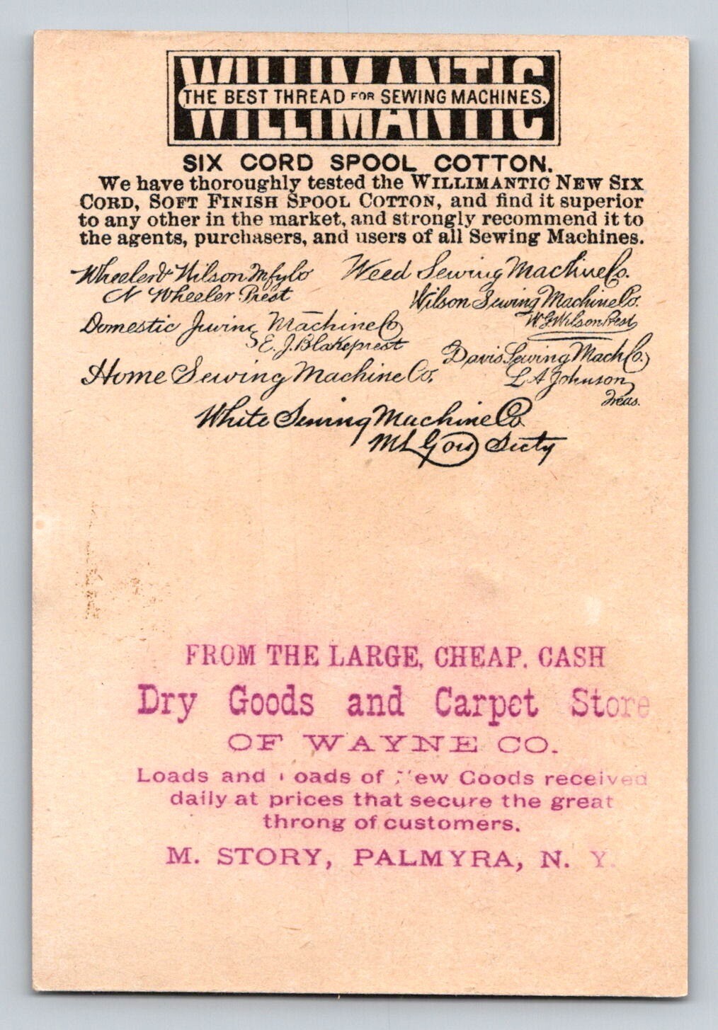Willimantic Thread 1890s Trade Card Palmyra New York Sewing 3 x 4.5
