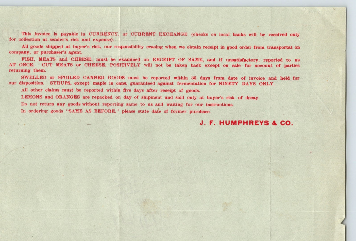 Bloomington Illinois 1908 J E Humphreys Wholesale Grocers Billhead 7 x 5.5